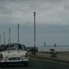 Callum the Collie enjoys the ride in Brian's Midget - travelling past The Marina at West Kirby.